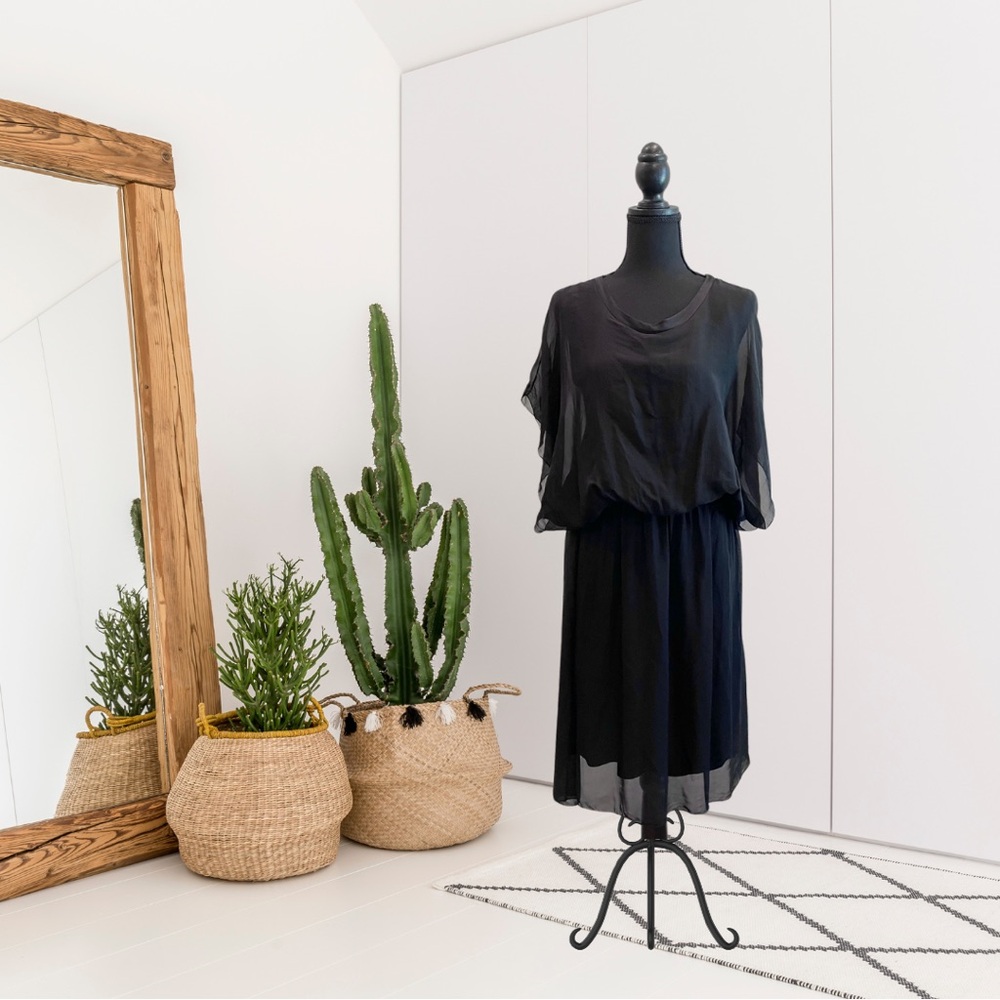 Baci Silk Short Sheer Sleeve Elastic Waist Dress